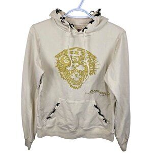 Vintage Ed Hardy Tiger Ivory Hoodie Trashed Black Laces Men's M Y2K 90s Audigier